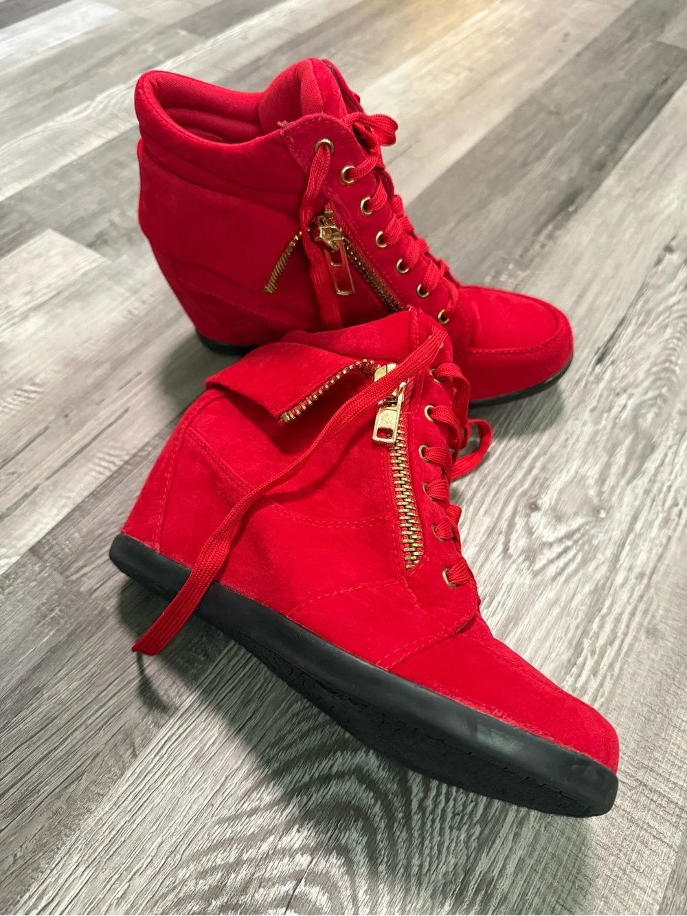 Red Wedge Sneaker Boots with Gold Zipper - Picture 10 of 10